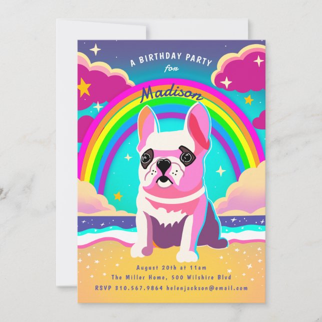 Invitation Neon Rainbow Frenchie Retro Anniversaire (Devant)