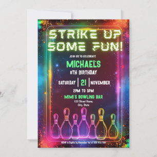 Invitation Neon Retro Bowling Grève Une Fête Amusante