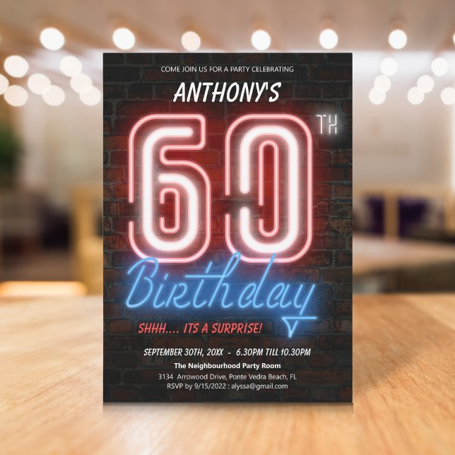 Invitation Neon Retro Surprise 60e anniversaire (Neon Retro Surprise 60th Birthday Invitation)
