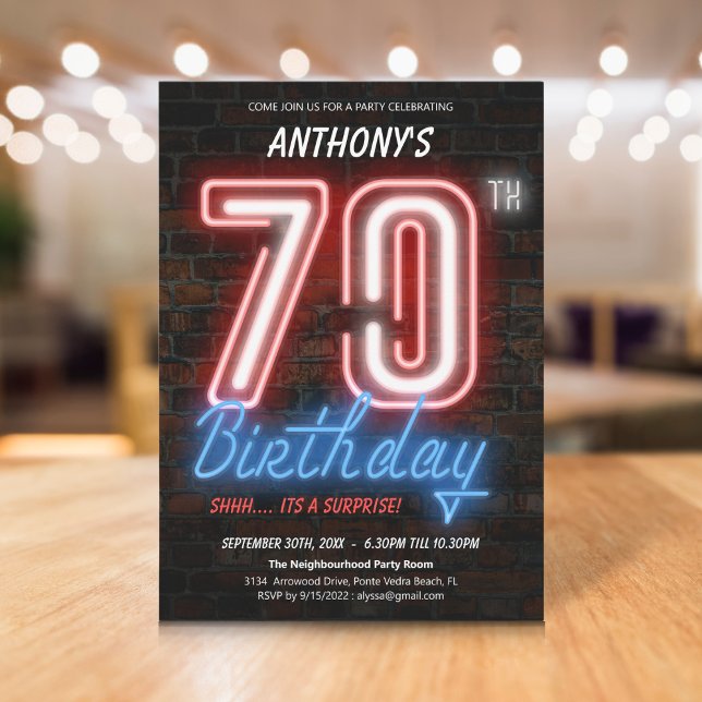 Invitation Neon Retro Surprise 70e anniversaire (Neon Retro Surprise 70th Birthday Party Invitation)