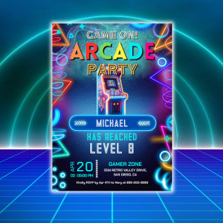 Invitation Neon retro vidéo arcade jeu fête d'anniversaire