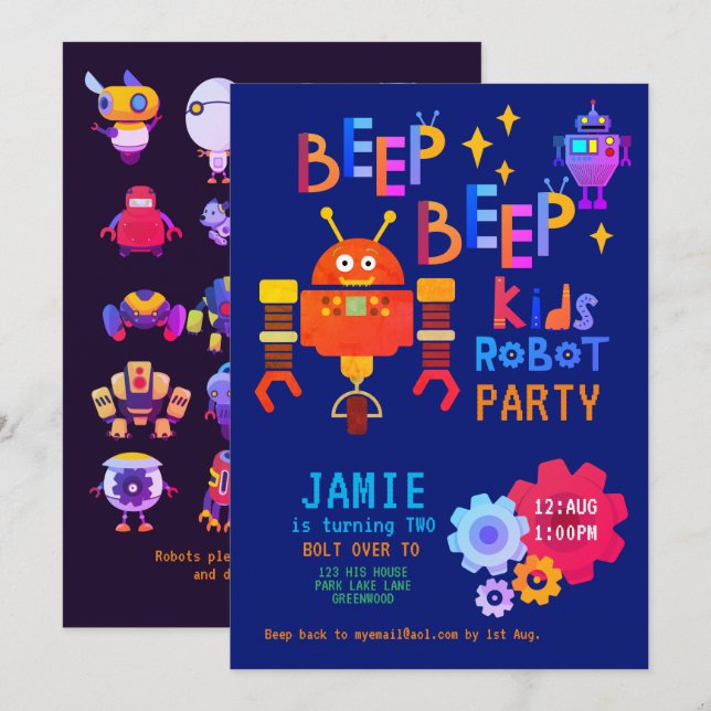 Invitation NEON ROBOT 2e fête d'anniversaire garçon fille drô (Devant / Derrière)