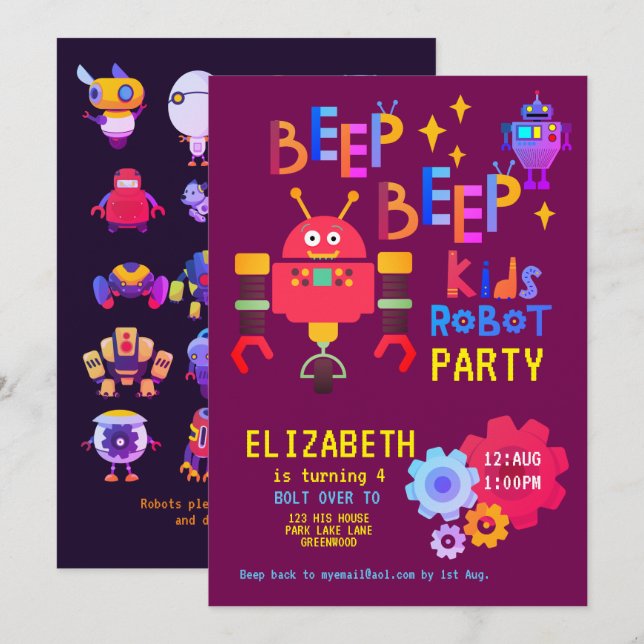 Invitation Neon ROBOT FÊTE Anniversaire de enfant Costume Fil (Devant / Derrière)