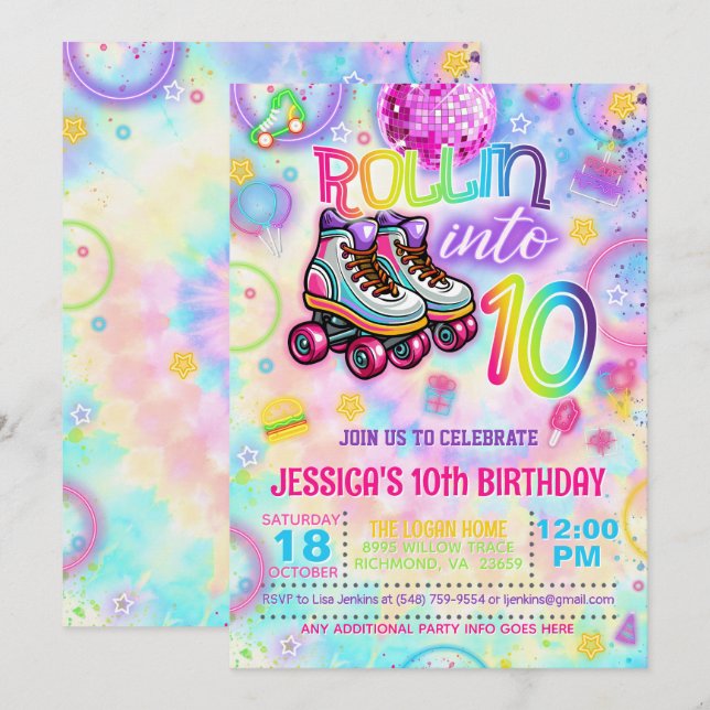 Invitation Neon Roller Tie Dye Patinage 10e anniversaire Invi (Devant / Derrière)