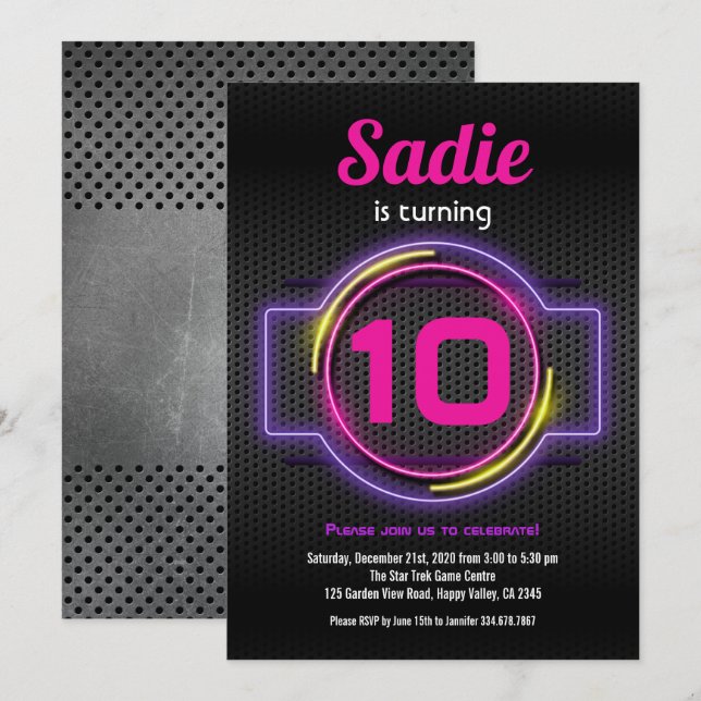 Invitation Neon Rose Fille Fête Anniversaire Glow Dans Le Jeu (Devant / Derrière)