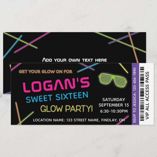 Invitation Neon Sweet 16 Anniversaire Glow Party (Devant / Derrière)