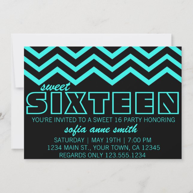 Invitation Neon Turquoise et Black Chevron Sweet 16 Invitatio (Devant)