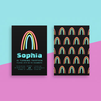 Invitation Neon Turquoise Rainbow fête d'anniversaire