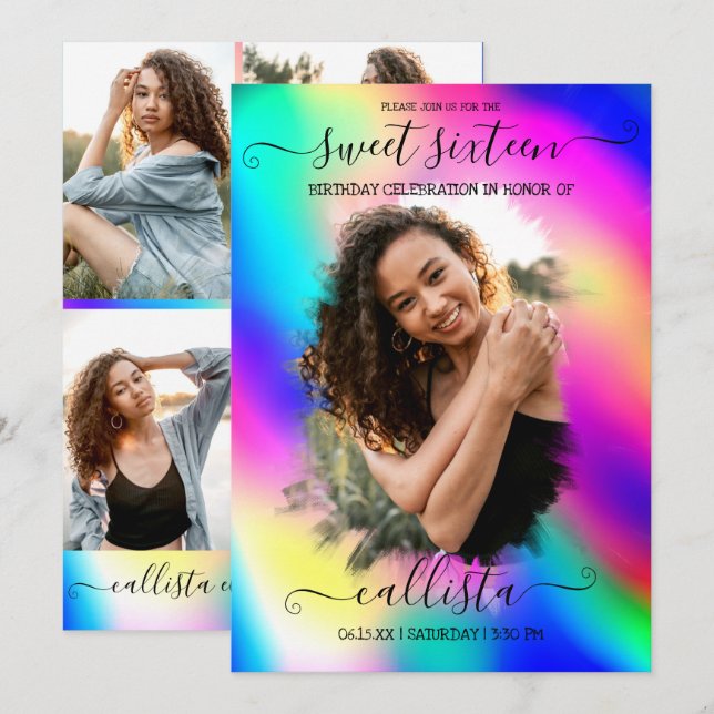 Invitation Neon Unicorn Holographique Photo Collage Sweet 16 (Devant / Derrière)