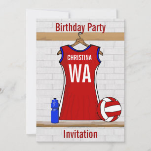 Invitation Netball personnalisé en rouge uniforme avec bleu e