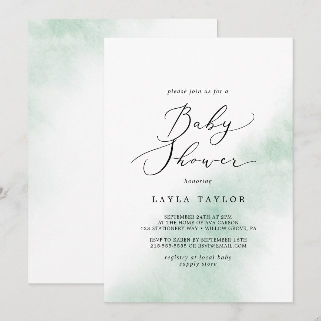 Invitation Nettoyage aquarelle | Baby shower vert (Devant / Derrière)