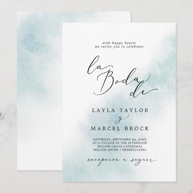 Invitation Nettoyage aquarelle | Blue La Boda De Mariage (Devant / Derrière)