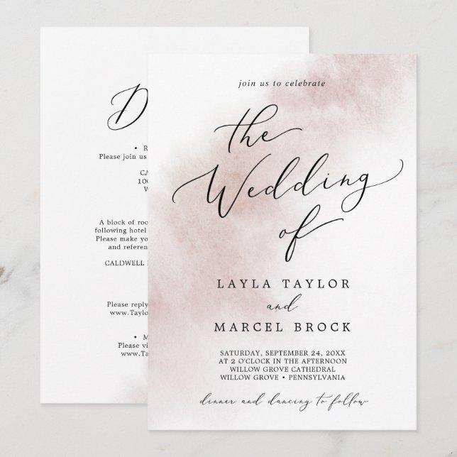 Invitation Nettoyage aquarelle | Brouiller tout en un Mariage (Devant / Derrière)