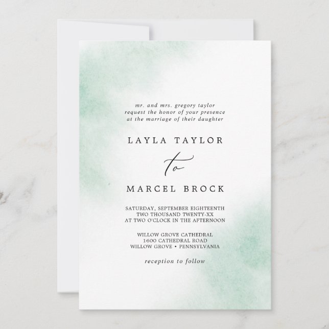 Invitation Nettoyage aquarelle | Mariage traditionnel vert (Devant)