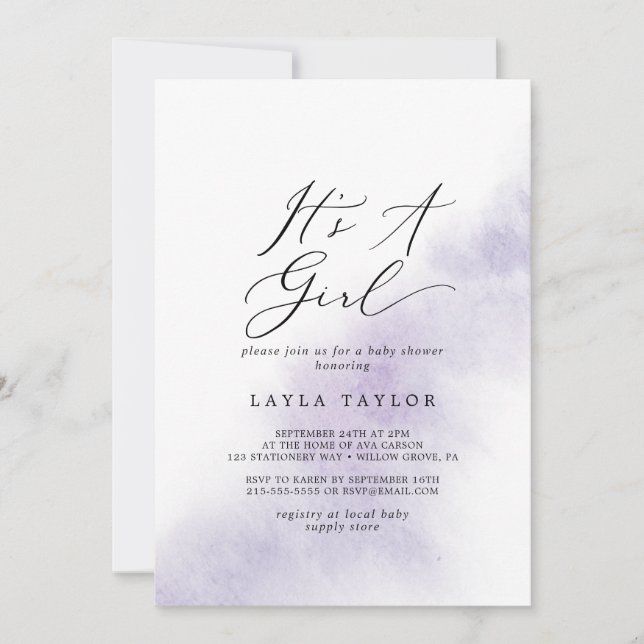 Invitation Nettoyage aquarelle | Purple C'est un Baby shower  (Devant)