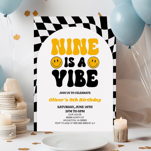 Invitation Neuf Est Une Vibe Retro Première 9ème Fête Anniver (Créateur téléchargé)