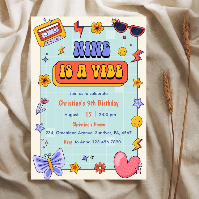 Invitation Neuf Est Une Vibe Super Hippie 9e Fête Anniversair (Créateur téléchargé)