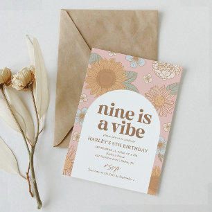 Invitation Neuf est Vibe Retro Floral 9e anniversaire