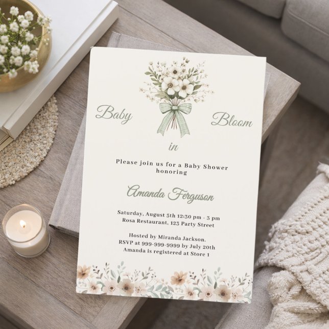 Invitation Neutral florals green ivory bloom Baby Shower (Créateur téléchargé)