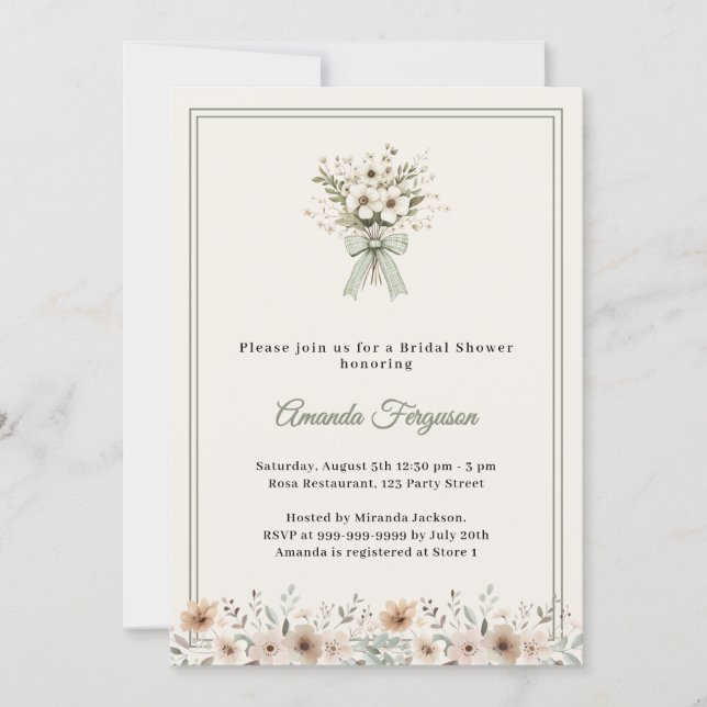 Invitation Neutral florals green ivory Bridal Shower (Devant)