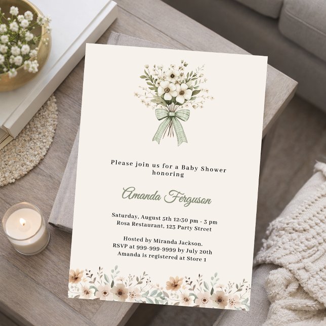 Invitation Neutral florals green ivory summer Baby Shower (Créateur téléchargé)