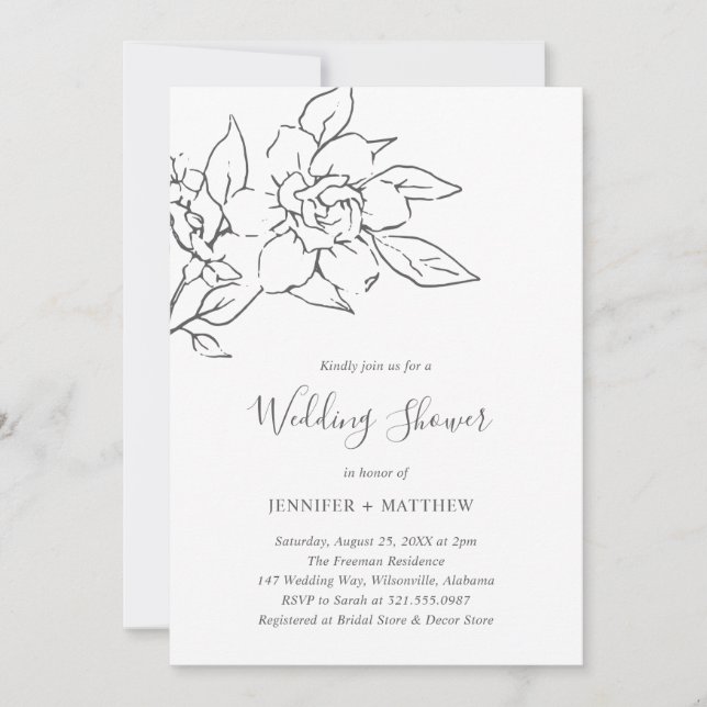 Invitation Neutral Line Art Floral Elégant Mariage Douche (Devant)