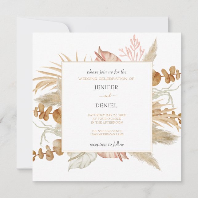 Invitation Neutral Palm and Pampas Flower Decor Wedding (Devant)