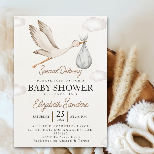 Invitation Neutral Stork Baby Shower – Sky with White Stork (Créateur téléchargé)