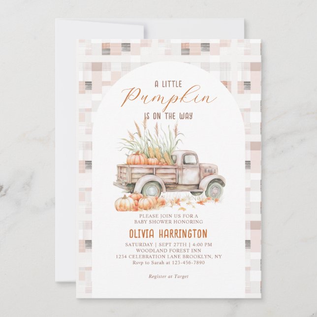 Invitation Neutral Un petit Citrouille Baby shower de camion  (Devant)