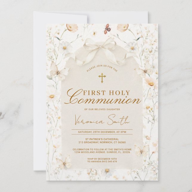 Invitation Neutral Wildflower Ivory First Holy Communion (Devant)