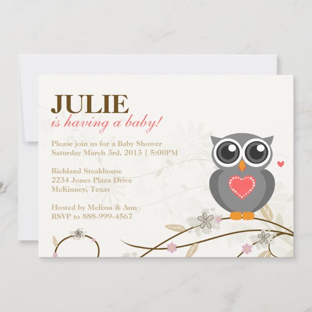Invitation neutre de baby shower de hibou de genre (Devant)