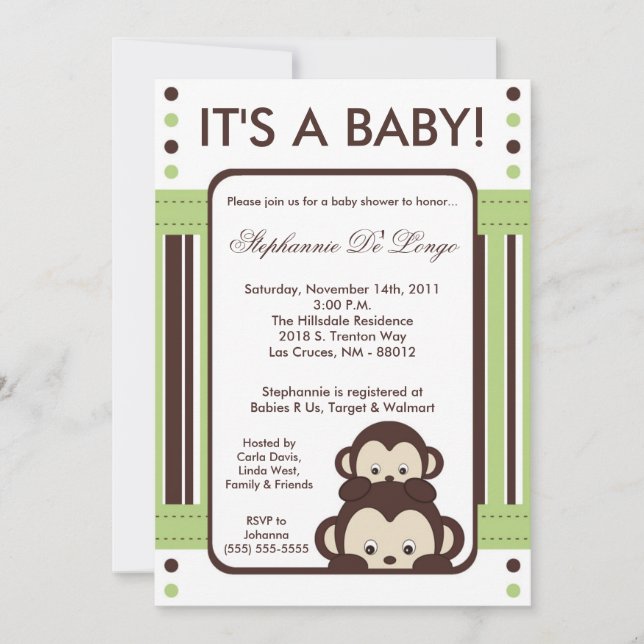 invitation neutre de baby shower de Jung de singe (Devant)