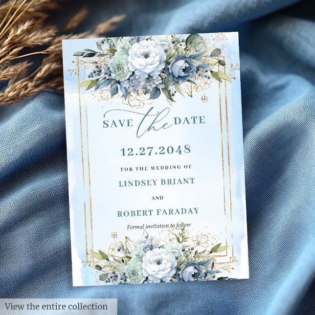 Invitation Neutre Pastel Bleu Blanc Or Fleurs Enregistrer Dat (Neutral Pastel Blue White Gold Flowers Save The Date)