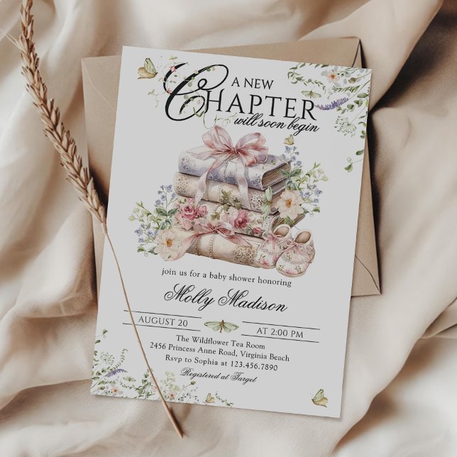 Invitation New Chapter Begin Floral Bow Book Book Baby Shower (Créateur téléchargé)