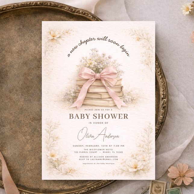 Invitation New Chapter Begins Pink Bow Books Baby Shower (Créateur téléchargé)
