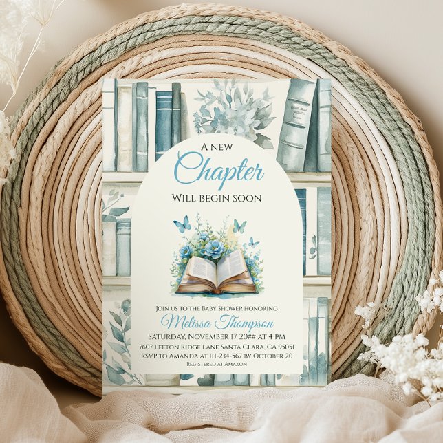 Invitation New Chapter Blue Boy Library Book Baby Shower (Créateur téléchargé)