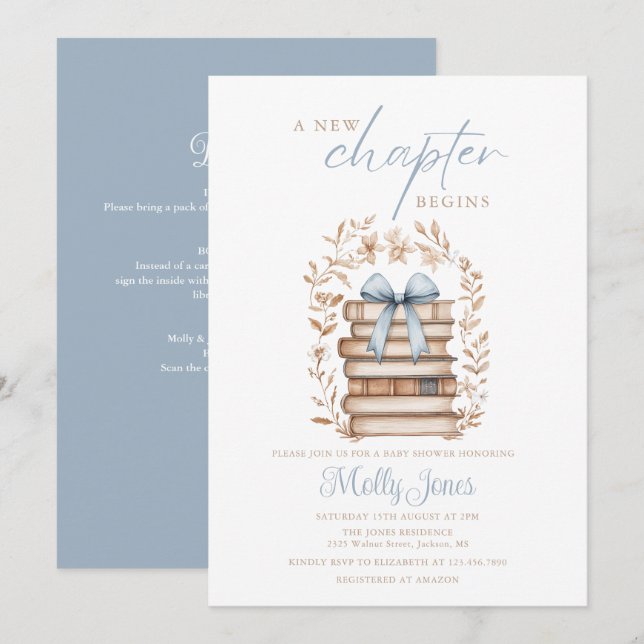 Invitation New Chapter Storybook Blue Baby Shower All In One (Devant / Derrière)