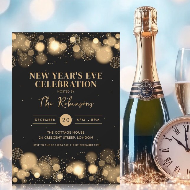 Invitation New Years Eve Party Gold Black Winter Wonder (New Years Eve Party Gold Black Winter Wonder Invitation)