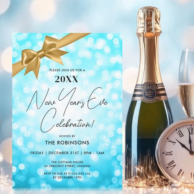 Invitation New Years Eve Party Turquoise Bokeh Gold Bow (New Years Eve Party Turquoise Bokeh Gold Bow Invitation)