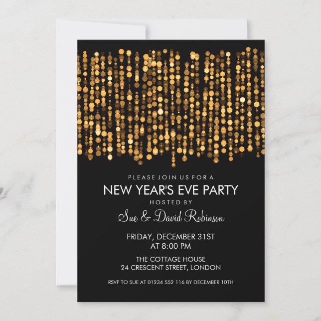 Invitation New Years Eve Party Twinkling Lights Gold (Devant)