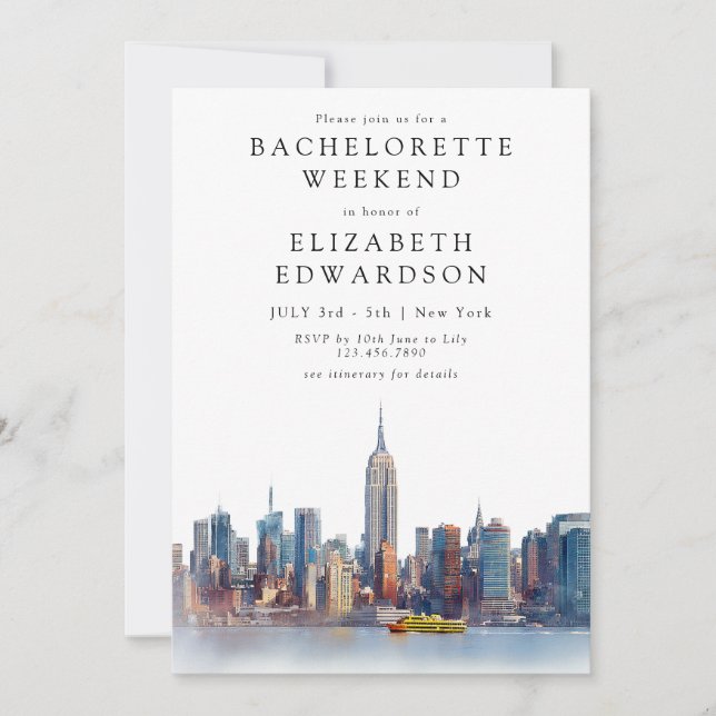 Invitation New York Watercolor Bachelorette Weekend (Devant)