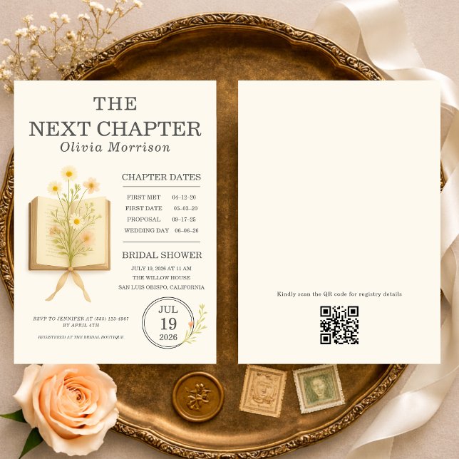 Invitation Next Chapter Begins QR Code Bridal Shower (Créateur téléchargé)