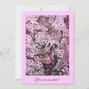 INVITATION NID D'OISEAU, ARBRE AUX FLEURS BLANCHES ROUGES ET 