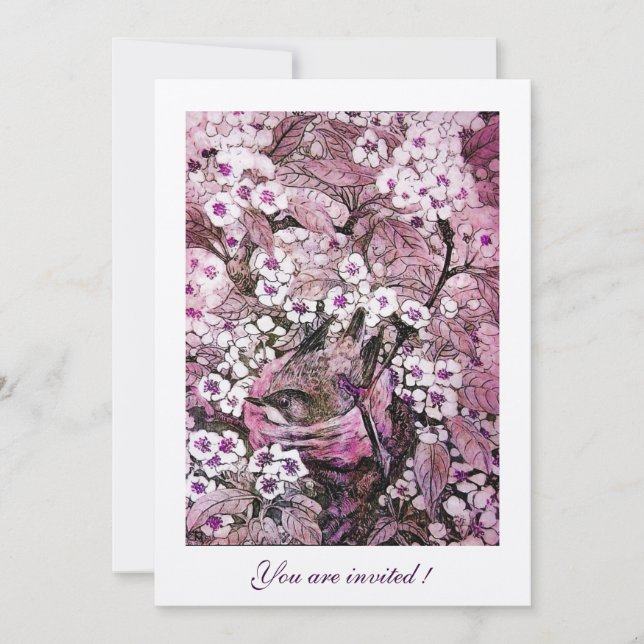 INVITATION NID D'OISEAU, ARBRE AUX FLEURS BLANCHES ROUGES ET  (Devant)