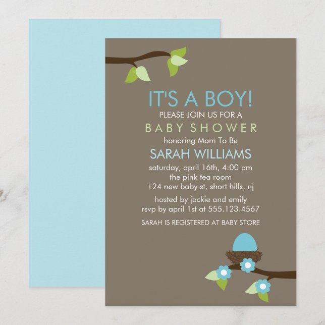 Invitation Nid d'oiseaux bleus et Baby shower de garçons en f (Devant / Derrière)