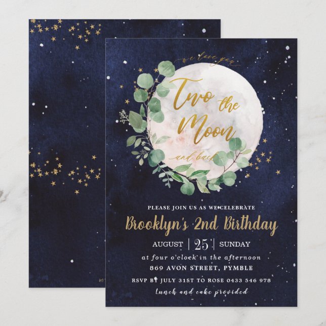 Invitation Night Sky Green Deux la lune 2e fête d'anniversair (Devant / Derrière)