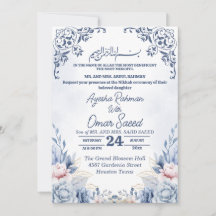 Invitation Nikah Bleu Blanc Floral Blanc