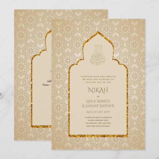 Invitation NIKAH - Invitat Mariage d'or de la mosquée islamiq (Devant / Derrière)