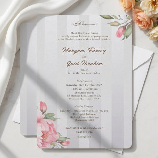 Invitation Nikah Islamique Monogramme Rayure Grise Pivoine Ro