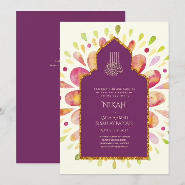 Invitation NIKAH - Mariage d'or Mandala Berry moderne Invitat (Devant / Derrière)
